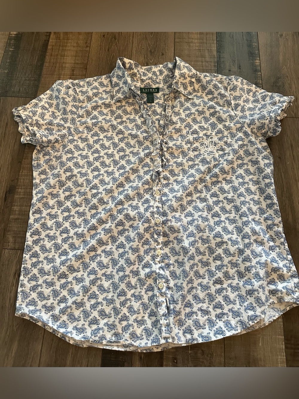 Lauren Ralph Lauren Blue Paisley Button Down W Ruffle Front & Monogram Pocket XL